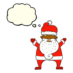 cartoon ugly santa claus with thought bubble