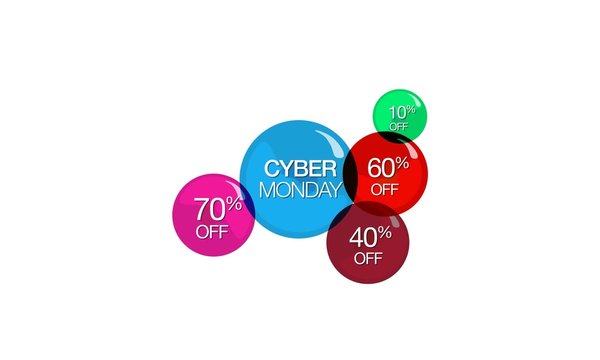 Cyber Monday online special sales colored bubbles tag rounds off discount deal coupons thanksgiving shop online ecommerce animation video