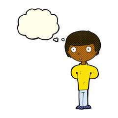 cartoon worried man with thought bubble