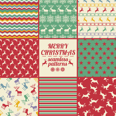 Retro Set Of Christmas And New Year Seamless Patterns With Deers