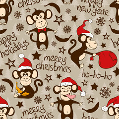 Obraz na płótnie Canvas Christmas And New Year Seamless Pattern With Funny Monkey.