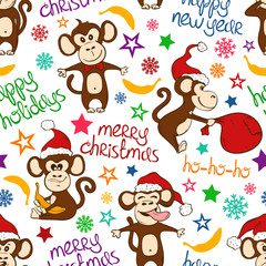 Christmas And New Year Seamless Pattern With Funny Monkey.