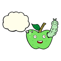 cartoon apple with bug with thought bubble