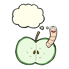cartoon apple with worm with thought bubble