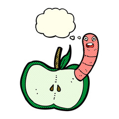 cartoon apple with worm with thought bubble