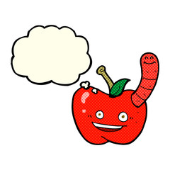 cartoon apple with worm with thought bubble