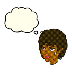 cartoon woman with plaster on face with thought bubble