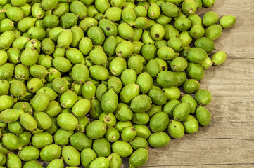 A lot young green walnuts in husks as background