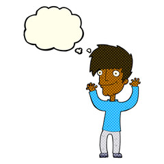 cartoon man waving arms with thought bubble