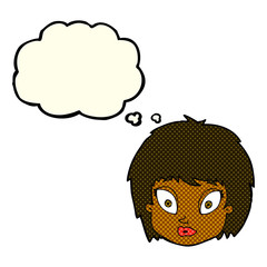 cartoon surprised female face with thought bubble