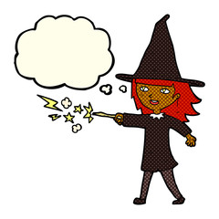 cartoon witch girl casting spell with thought bubble