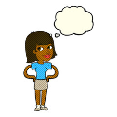 cartoon happy woman with hands on hips with thought bubble