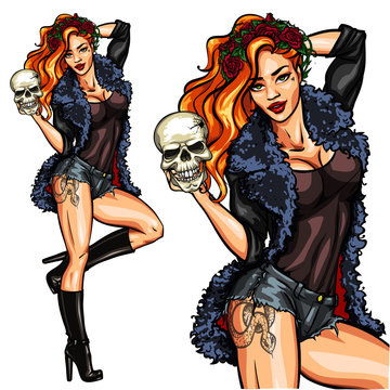 Pretty witch holding a skull. 