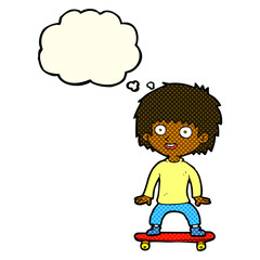 cartoon boy on skateboard with thought bubble