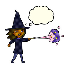 cartoon witch girl casting spell with thought bubble