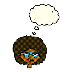 cartoon woman wearing spectacles with thought bubble