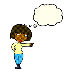 cartoon annoyed woman pointing with thought bubble