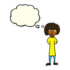 cartoon curious woman with thought bubble