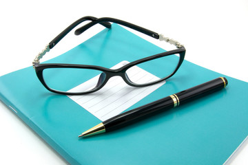 Notebooks, pens, glasses