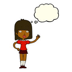 cartoon woman waving with thought bubble