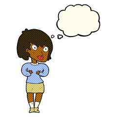 cartoon woman making Who Me? gesture with thought bubble