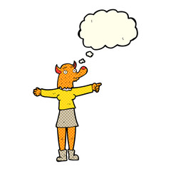 cartoon pointing fox woman with thought bubble