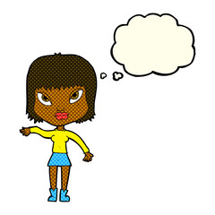 cartoon woman making gesture with thought bubble