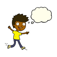 cartoon crazy excited boy with thought bubble