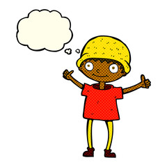 cartoon boy with positive attitude with thought bubble