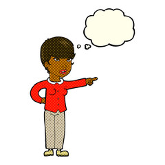 cartoon woman pointing finger of blame with thought bubble