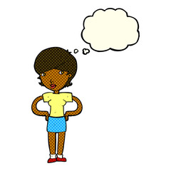 cartoon woman with hands on hips with thought bubble