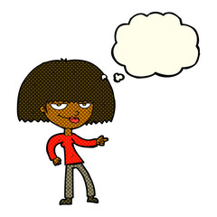 cartoon happy woman pointing with thought bubble