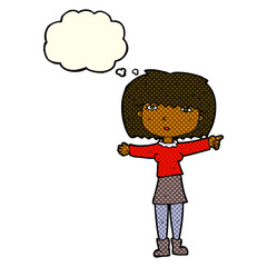 cartoon girl pointing with thought bubble