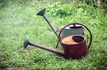 watering watering can on a green lawn