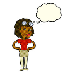 cartoon retro pilot woman with thought bubble