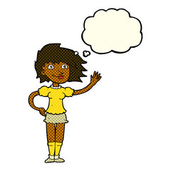 cartoon woman waving with thought bubble