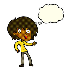 cartoon surprised woman pointing with thought bubble