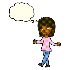 cartoon woman with no worries with thought bubble