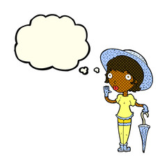 cartoon woman in summer hat waving with thought bubble