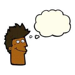 cartoon happy man with thought bubble