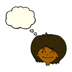 cartoon happy female face with thought bubble