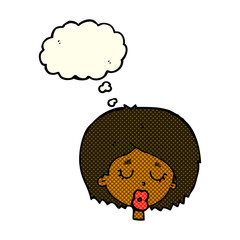 cartoon woman with eyes closed with thought bubble