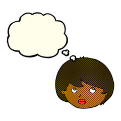 cartoon female face looking upwards with thought bubble