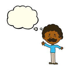 cartoon man with mustache waving with thought bubble