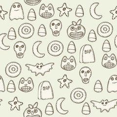 Happy Halloween seamless pattern with ghosts, tombs, moon, cats, bats, pumplins