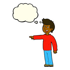 cartoon happy man pointing and laughing with thought bubble