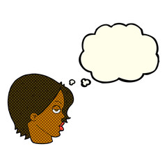 cartoon woman raising eyebrow with thought bubble