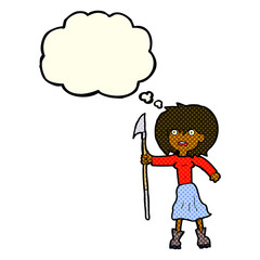 cartoon woman with harpoon with thought bubble