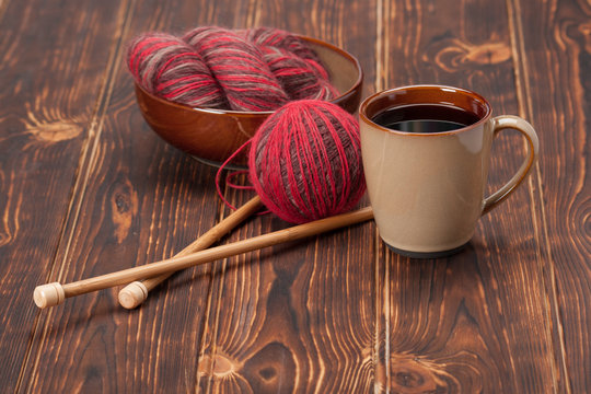 Knitting Accessories. Yarn Balls. Wooden Knit Needles