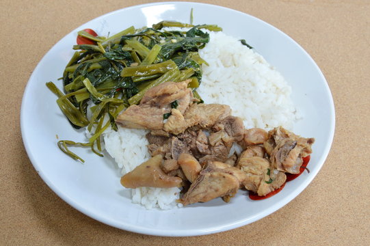 roasted chicken salty and stir-fried morning glory on rice